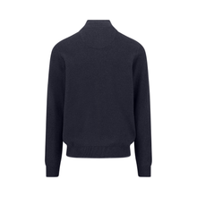 Load image into Gallery viewer, A dark navy blue knit sweater with a mock neck, long sleeves, and ribbed cuffs and hem, shown from the back on a plain white background.
