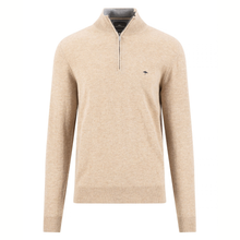 Load image into Gallery viewer, A men's beige heathered quarter-zip sweater with a mock neck collar and a small embroidered bird logo on the left chest, displayed on a clean white background.
