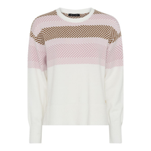 Load image into Gallery viewer, A women's long-sleeve knit sweater with a crew neck, featuring a white lower body and sleeves, and a patterned upper chest and shoulders with horizontal bands of brown herringbone and pink dotted chevron on a white base.

