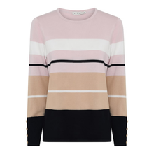Load image into Gallery viewer, A long-sleeve crewneck sweater with horizontal stripes in dusty pink, white, beige, and black, featuring decorative gold buttons on the cuffs, shown against a plain white background.

