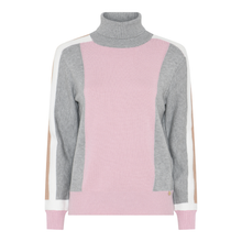 Load image into Gallery viewer, A women's color-blocked turtleneck sweater with a pink center panel, heather gray side panels and collar, and white sleeve stripes, shown on a plain white background.
