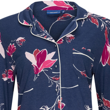 Load image into Gallery viewer, Pyjamas close up on product, button down front with navy palette and fuchsia flowers

