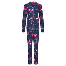 Load image into Gallery viewer, Pyjamas full product shot, button down front with navy palette and fuchsia flowers
