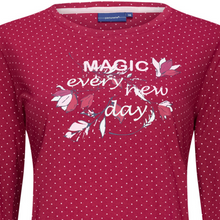 Load image into Gallery viewer, Close up shot of Pyjama top in wine with the words &#39;Magic Every New Day&#39; on the top
