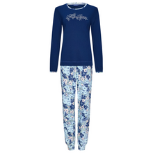 Load image into Gallery viewer, Full product shot of pyjamas with a navy top and blue and white floral pyjama bottoms
