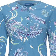 Load image into Gallery viewer, Close up shot of the pyjama top with peacock feathers and paisley print
