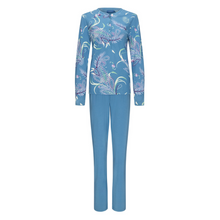 Load image into Gallery viewer, Full product shot of pyjamas with blue pants and a print of peacock feathers and paisley on top
