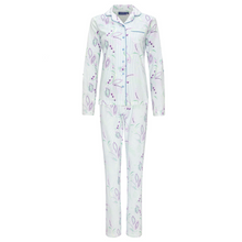 Load image into Gallery viewer, Pyjama set with a button up top and an overall print with stripes and paisley print product shot
