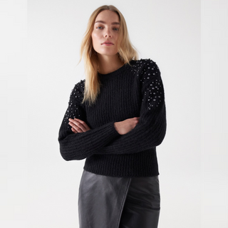 Salsa Knitted Wool Jumper with Pearls | Black