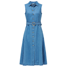 Load image into Gallery viewer, Blue denim dress with a belt on a white background
