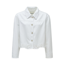 Load image into Gallery viewer, White denim jacket with lace detailing on a white background
