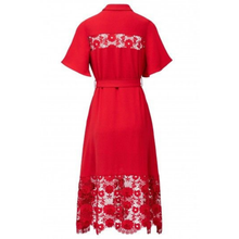 Load image into Gallery viewer, Red dress with white lace details on a white background
