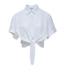 Load image into Gallery viewer, White lace blouse with a tied front on a white background
