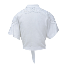 Load image into Gallery viewer, White lace-trimmed top on a white background
