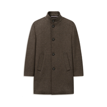 Load image into Gallery viewer, A dark brown wool-blend coat with a stand collar, three front buttons, and two large front patch pockets, shown flat against a plain white background.
