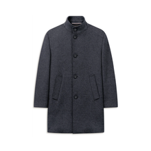 Load image into Gallery viewer, A dark charcoal gray wool-blend coat with a mandarin collar, three-quarter length sleeves, and a three-button front closure, displayed on a clean white background.
