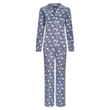 Load image into Gallery viewer, Full product shot of pyjamas with a navy base colour and white petunia flowers, and a button up top
