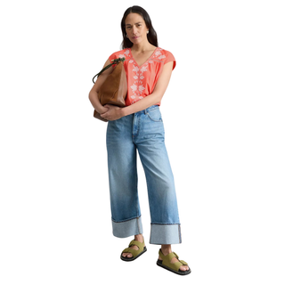 Model wearing White Stuff Floral Top  Fliss with a white background