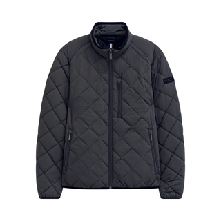A navy diamond-quilted zip-up jacket with a stand-up collar, shown against a plain white background.