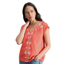 Load image into Gallery viewer, Close up of Model wearing White Stuff Floral Top  Fliss with a white background
