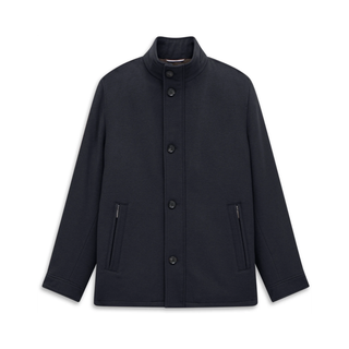 A dark navy blue jacket with a stand-up collar, front button closure, and zippered side pockets, displayed on a clean white background.
