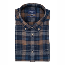 Load image into Gallery viewer, Folded plaid shirt with visible brand label on a white background
