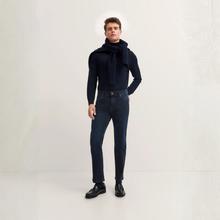 Load image into Gallery viewer, Man wearing a navy sweater, scarf, and jeans on a white background
