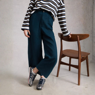 Low view of model wearing White Stuff Tia Linen Wide Leg Crop Navy