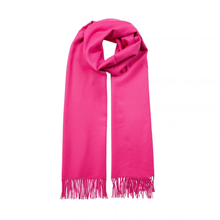 Load image into Gallery viewer, A bright pink scarf with fringed ends, neatly draped and displayed against a solid white background.
