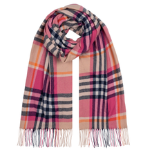 Load image into Gallery viewer, A classic plaid scarf in pink, beige, navy, and orange, styled in a loop with fringed ends against a plain white background.

