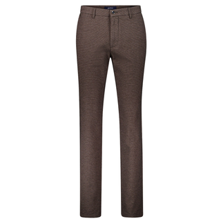 A pair of men's straight-leg trousers in a textured brown fabric, shown flat against a solid white background.