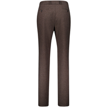 Load image into Gallery viewer, A pair of men's brown tweed trousers shown from the back, featuring a straight-leg fit, belt loops, and two welt pockets on a solid white background.
