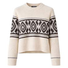 Load image into Gallery viewer, A cream-colored knit sweater with a dark brown and white geometric pattern across the chest and sleeves, featuring a crew neck and raglan sleeves.
