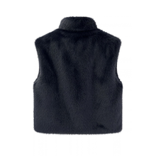 Load image into Gallery viewer, A sleeveless dark navy faux fur vest with a high collar, shown from the back against a plain white background.
