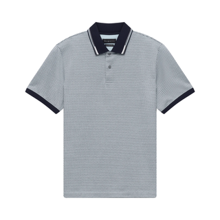 Patterned polo shirt with navy trim on a white background