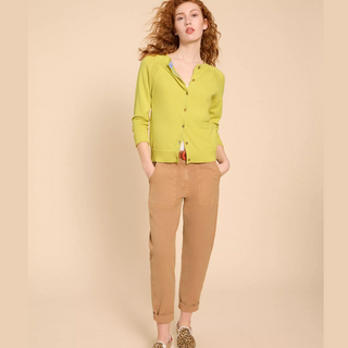 female model wearing lulu cardi in yellow colour with hands in pockets