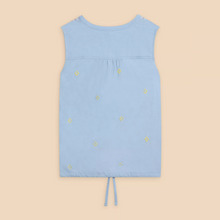 Load image into Gallery viewer, whitestuff sleeveless shirt in blue print showing back off top
