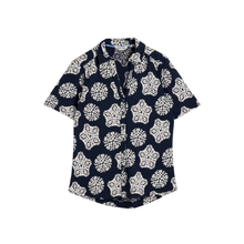 Load image into Gallery viewer, Navy blue shirt with white floral pattern on a white background
