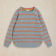 Load image into Gallery viewer, A light blue heathered knit sweater with horizontal orange stripes, laid flat on a light beige background.
