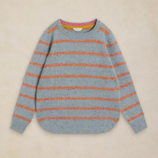 A light blue heathered knit sweater with horizontal orange stripes, laid flat on a light beige background.