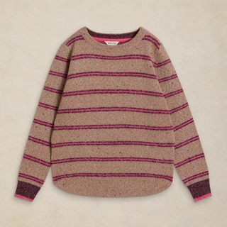 A long-sleeve knit sweater with horizontal stripes in dusty pink and magenta on a heathered beige background, laid flat on a light beige surface.