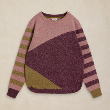 Load image into Gallery viewer, A color-blocked knit sweater with a dusty pink upper chest, a large dark plum-purple geometric panel across the front, olive green stripe details on the sleeves, and a matching olive green triangular accent near the lower front, laid flat on a light beige background.

