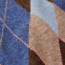 Load image into Gallery viewer, Close-up of a textured wool fabric with an argyle pattern in shades of blue, brown, beige, and light blue, separated by thin pink and yellow lines.
