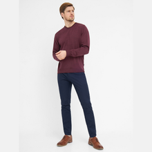Load image into Gallery viewer, Man wearing a burgundy sweater and navy pants on a white background
