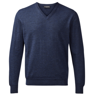 Blue sweater with a visible brand label on a white background