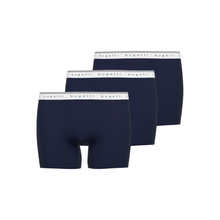 Load image into Gallery viewer, Three pairs of navy blue boxer briefs with white waistbands on a white background, featuring the Bugatti brand.
