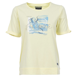 Light yellow t-shirt with a graphic design on a white background