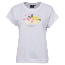 Load image into Gallery viewer, White t-shirt with colorful graphic design on a white background
