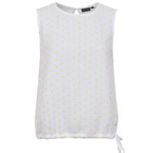 Load image into Gallery viewer, White sleeveless top with yellow polka dots on a white background

