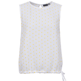 White sleeveless top with yellow polka dots on a white background